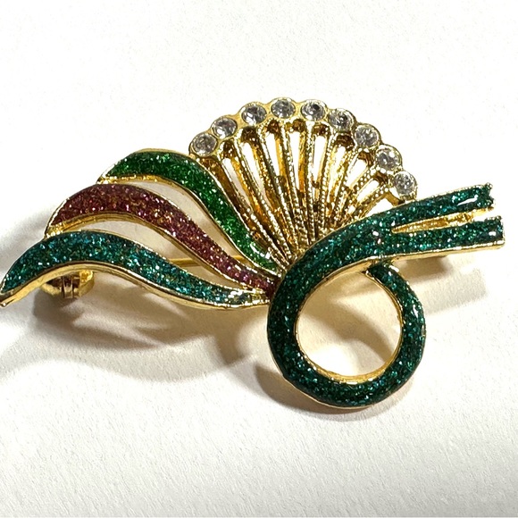 Colorful Sparkly Fan Shape Brooch Pin Rhinestone Style Beads Gold Tone - Picture 3 of 4